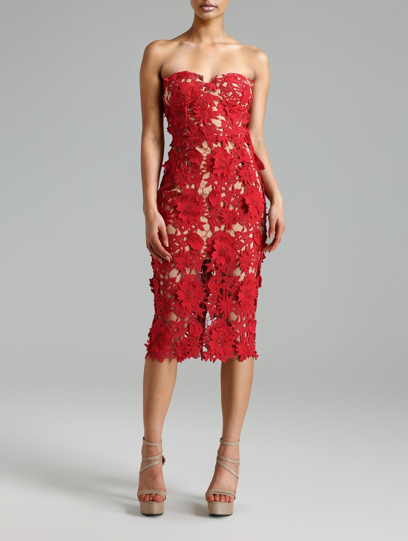 Strapless Red Floral Lace Midi Dress H6472