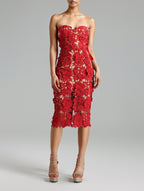 Strapless Red Floral Lace Midi Dress H6472