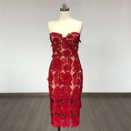 Strapless Red Floral Lace Midi Dress H6472