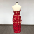 Strapless Red Floral Lace Midi Dress H6472