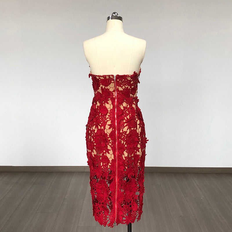 Strapless Red Floral Lace Midi Dress H6472
