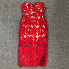 Strapless Red Floral Lace Midi Dress H6472