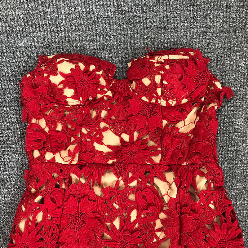 Strapless Red Floral Lace Midi Dress H6472