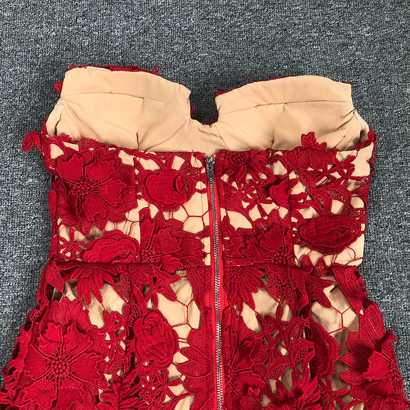 Strapless Red Floral Lace Midi Dress H6472