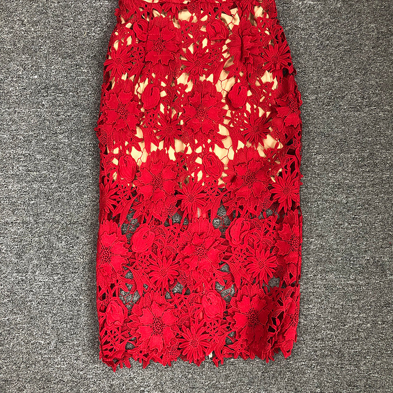 Strapless Red Floral Lace Midi Dress H6472