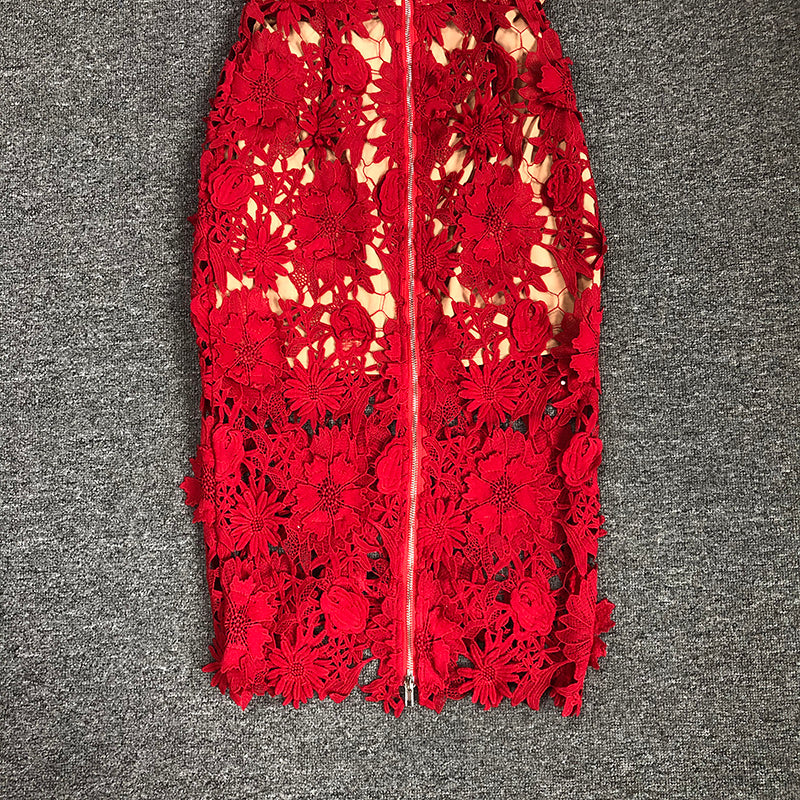 Strapless Red Floral Lace Midi Dress H6472