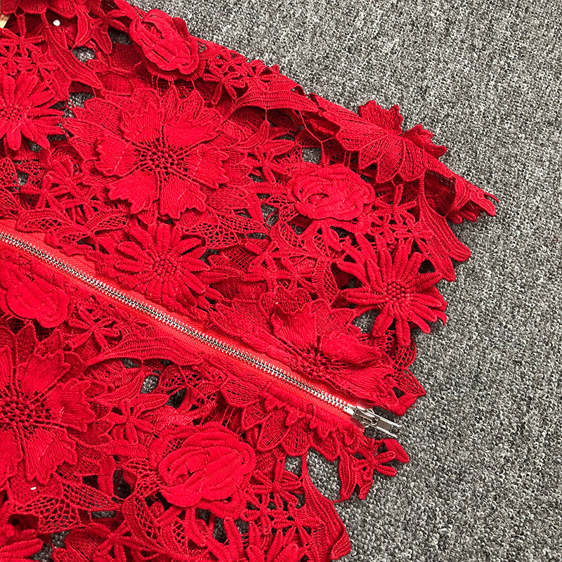 Strapless Red Floral Lace Midi Dress H6472