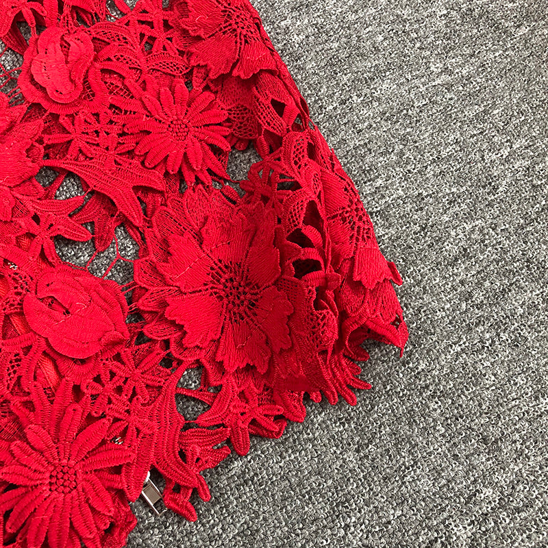 Strapless Red Floral Lace Midi Dress H6472