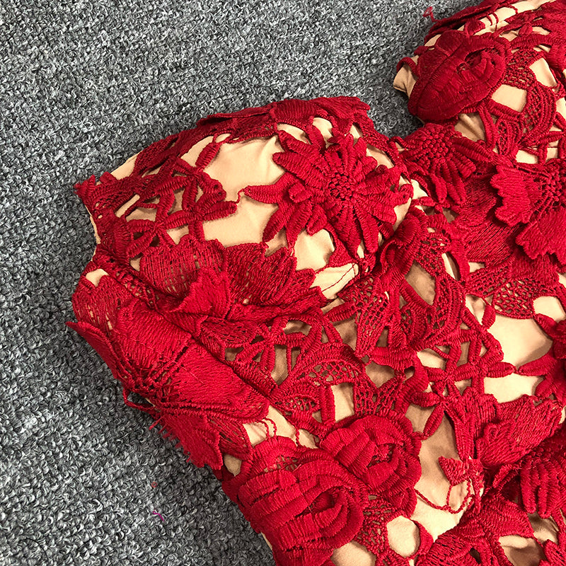 Strapless Red Floral Lace Midi Dress H6472