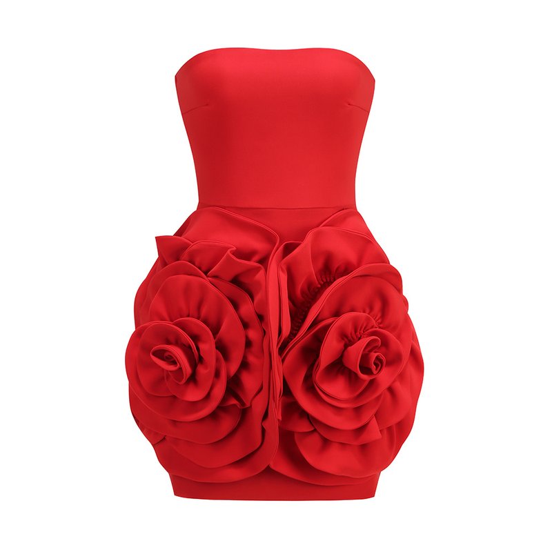 Strapless Red Rose Applique Dress H6215