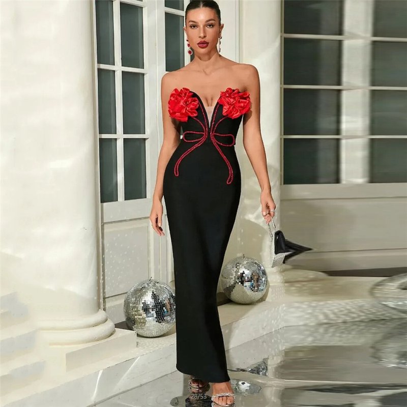 Strapless Red Rose Embellished Velvet Gown H6799