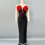 Strapless Red Rose Embellished Velvet Gown H6799