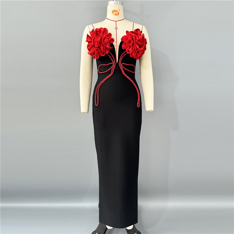 Strapless Red Rose Embellished Velvet Gown H6799