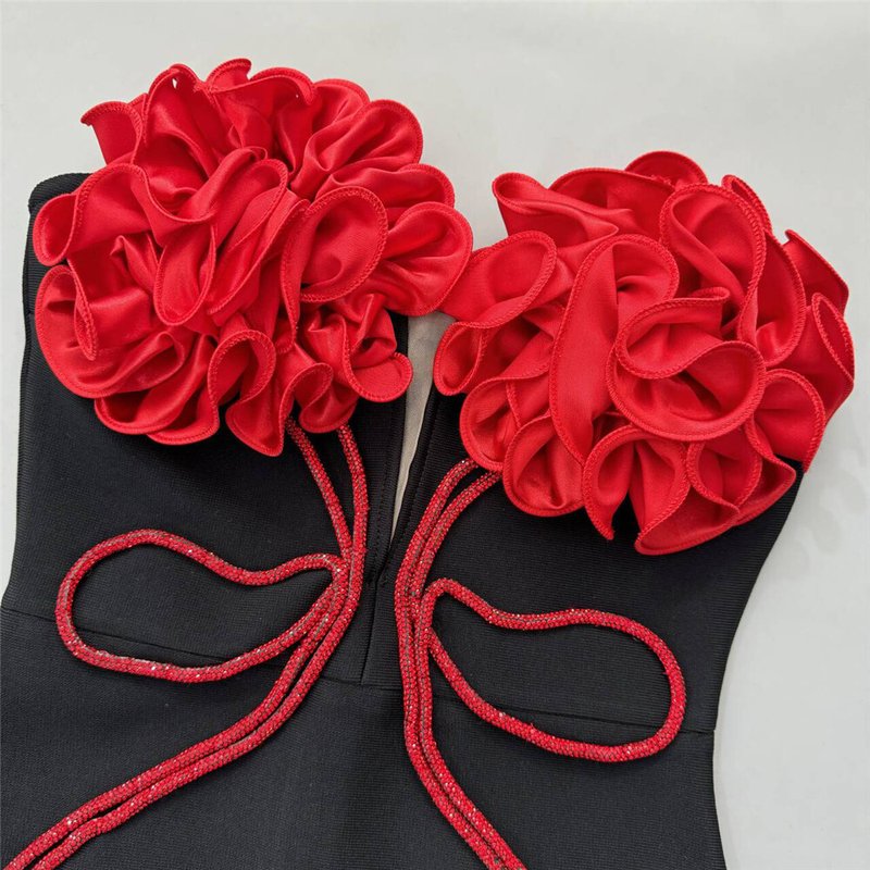 Strapless Red Rose Embellished Velvet Gown H6799