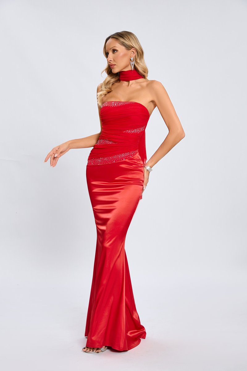 Strapless Red Satin Mermaid Gown H6559