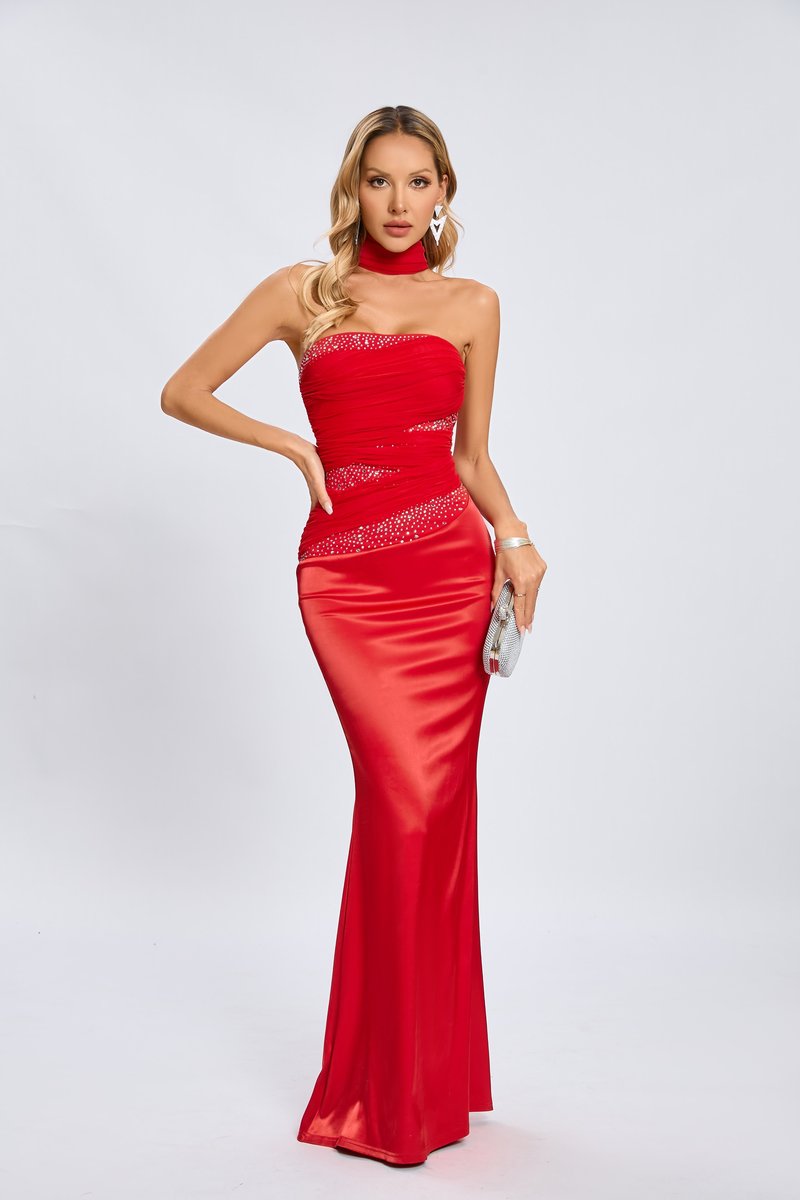 Strapless Red Satin Mermaid Gown H6559
