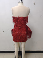 Strapless Red Sequin Fringe Mini Dress H6264