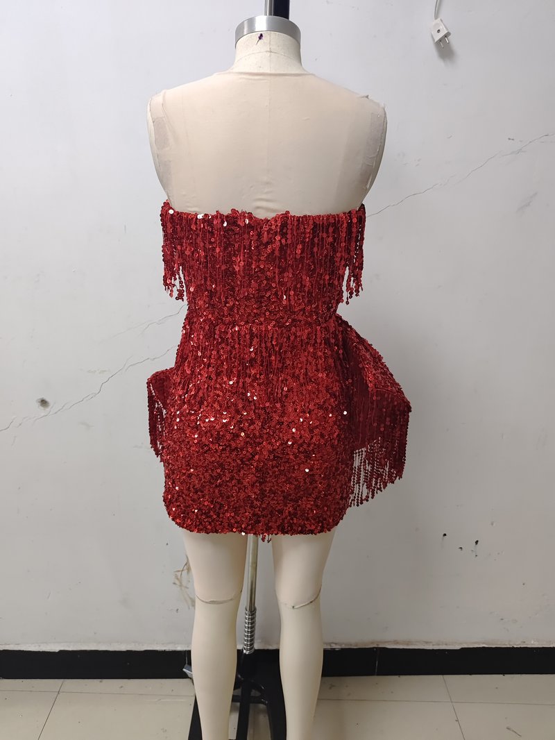 Strapless Red Sequin Fringe Mini Dress H6264