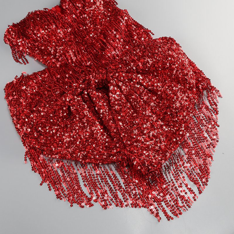 Strapless Red Sequin Fringe Mini Dress H6264