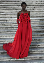 Strapless Rose Applique Red Gown H6679