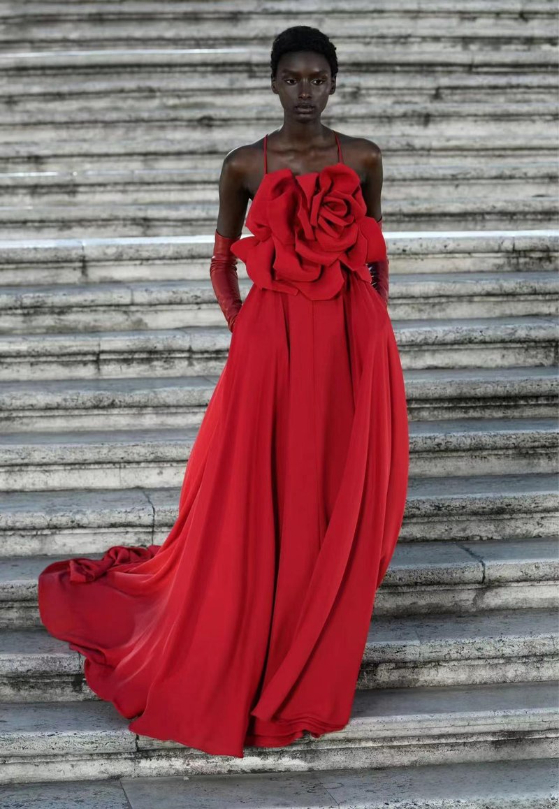 Strapless Rose Applique Red Gown H6679
