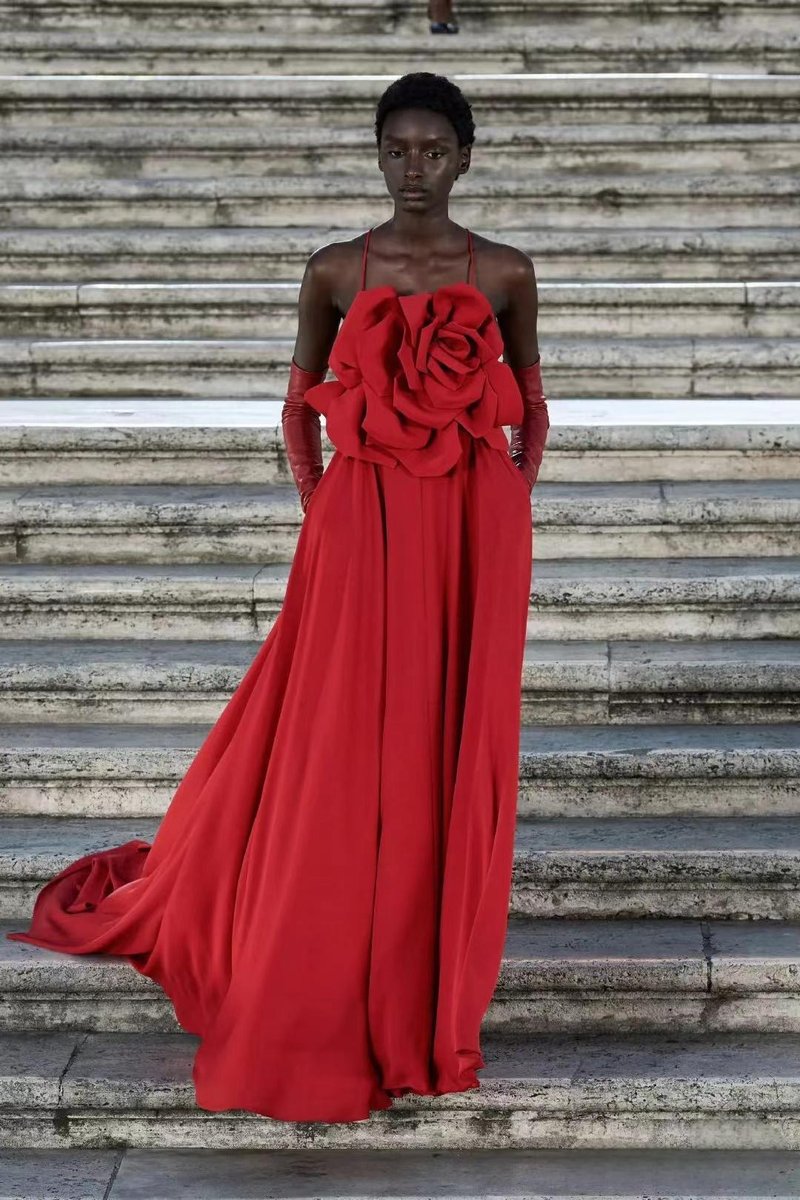 Strapless Rose Applique Red Gown H6679
