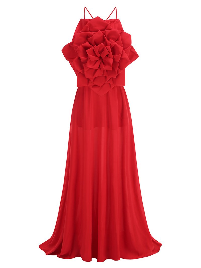 Strapless Rose Applique Red Gown H6679