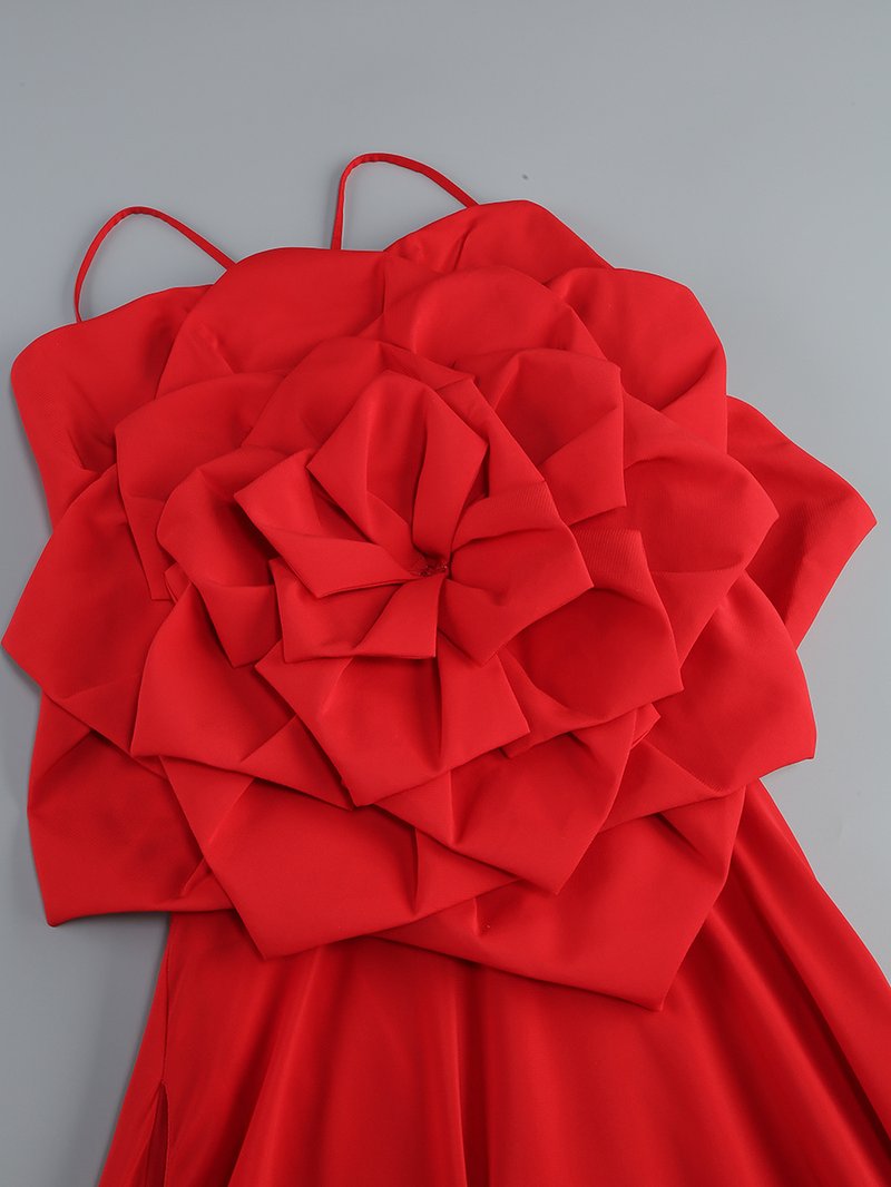 Strapless Rose Applique Red Gown H6679