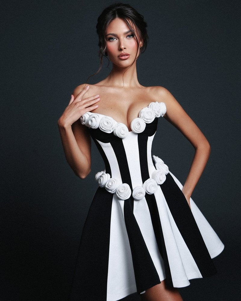 Strapless Rose Applique Stripe Dress H6692