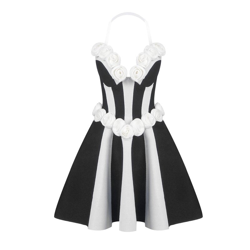 Strapless Rose Applique Stripe Dress H6692