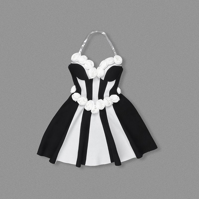 Strapless Rose Applique Stripe Dress H6692