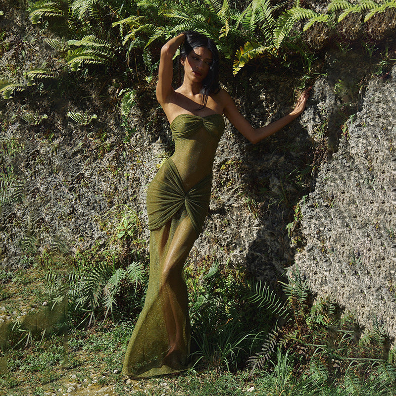 Strapless Ruched Olive Bandage Dress H6653