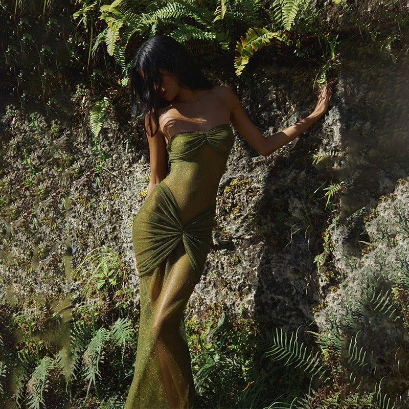 Strapless Ruched Olive Bandage Dress H6653