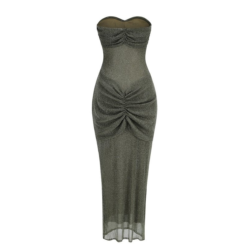 Strapless Ruched Olive Bandage Dress H6653