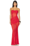 Strapless Ruched Sheer Red Gown H6868