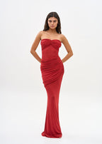 Strapless Ruched Sheer Red Gown H6868