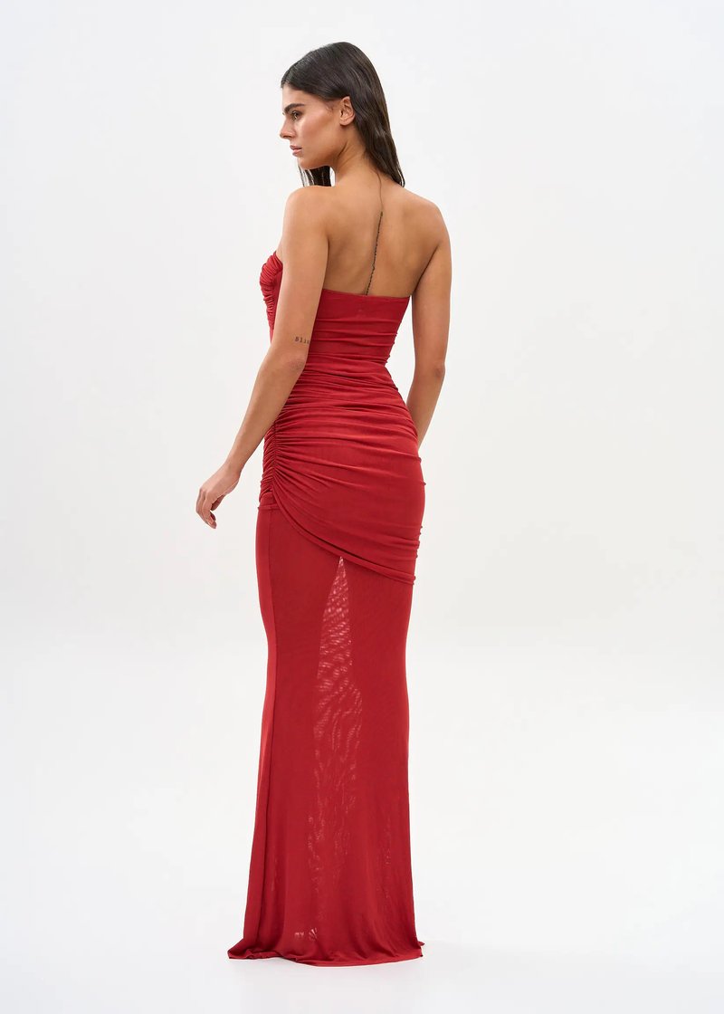 Strapless Ruched Sheer Red Gown H6868