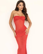 Strapless Ruched Sheer Red Gown H6868