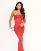 Strapless Ruched Sheer Red Gown H6868