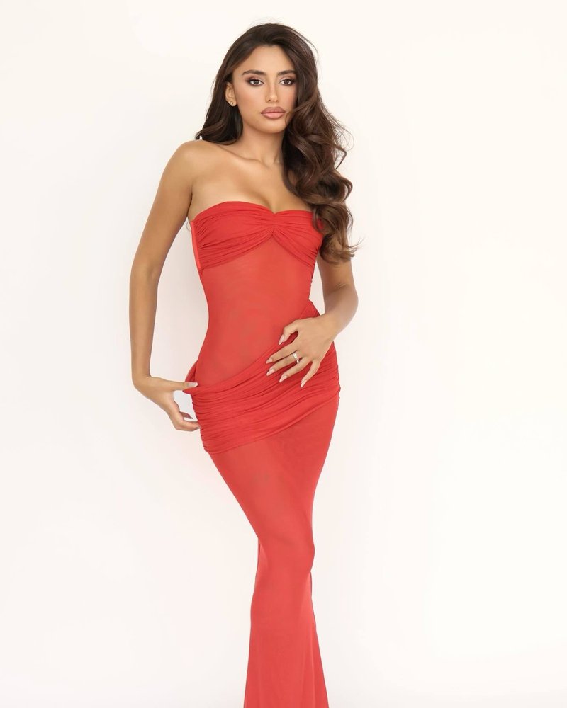 Strapless Ruched Sheer Red Gown H6868