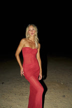 Strapless Ruched Sheer Red Gown H6868