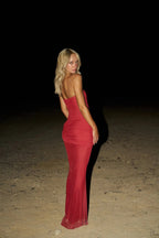 Strapless Ruched Sheer Red Gown H6868