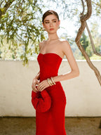Strapless Ruched Sheer Red Gown H6868