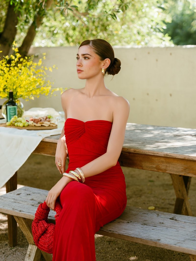 Strapless Ruched Sheer Red Gown H6868