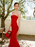 Strapless Ruched Sheer Red Gown H6868