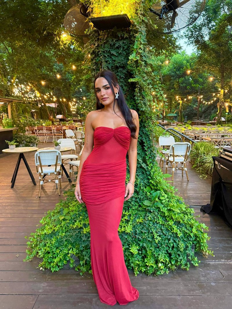 Strapless Ruched Sheer Red Gown H6868