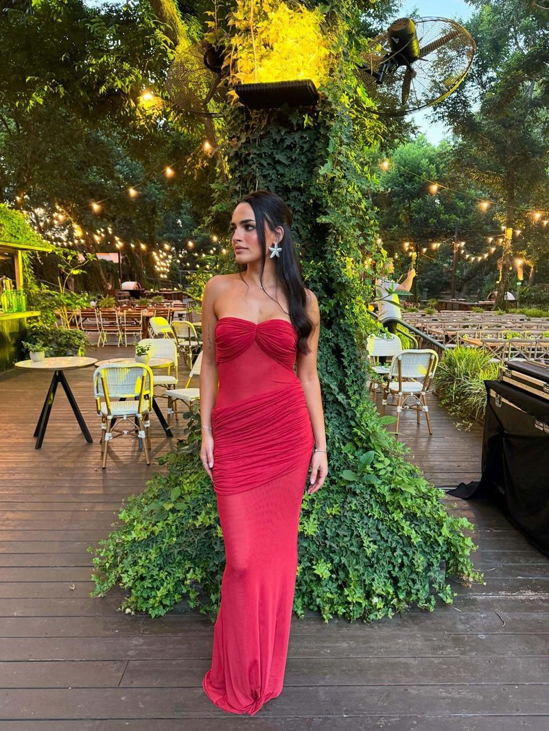 Strapless Ruched Sheer Red Gown H6868