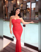 Strapless Ruched Sheer Red Gown H6868