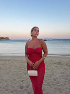 Strapless Ruched Sheer Red Gown H6868