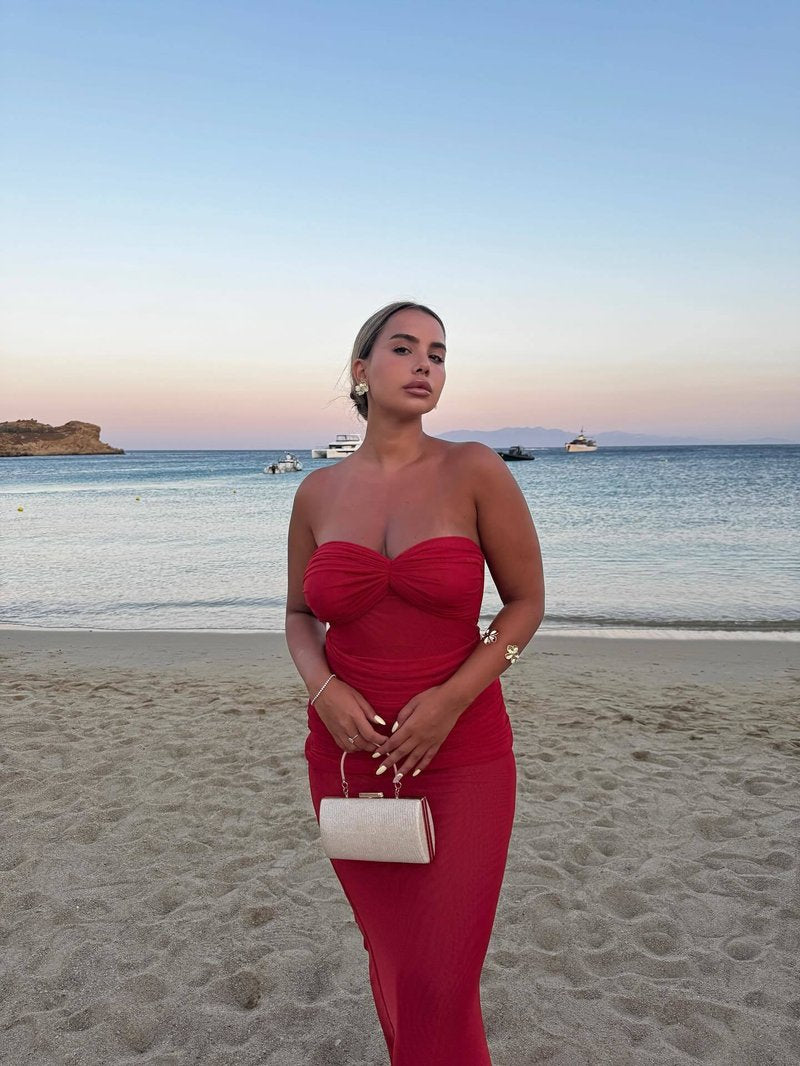 Strapless Ruched Sheer Red Gown H6868